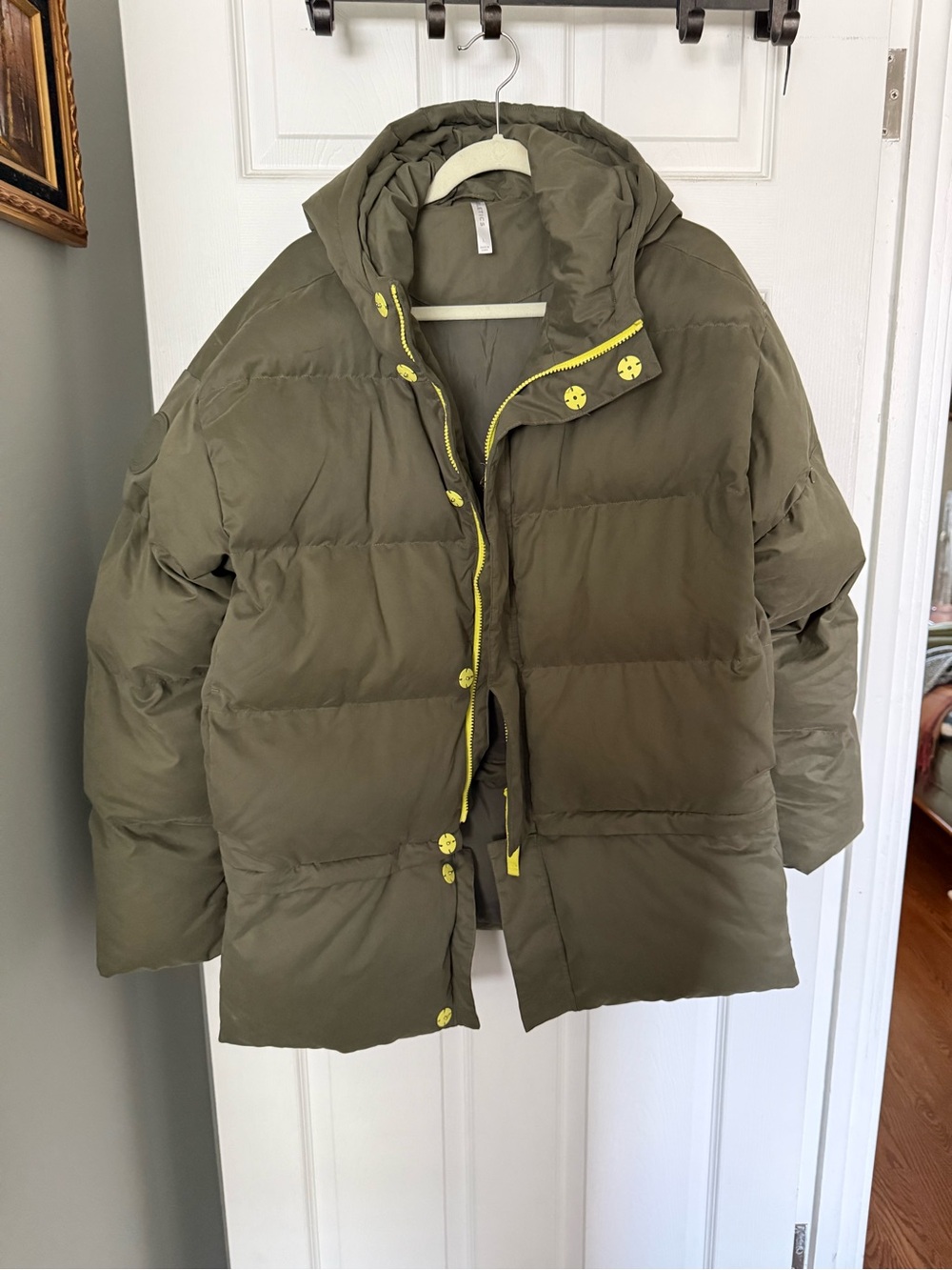 Olive Green Puffer Jacket with Yellow Trim